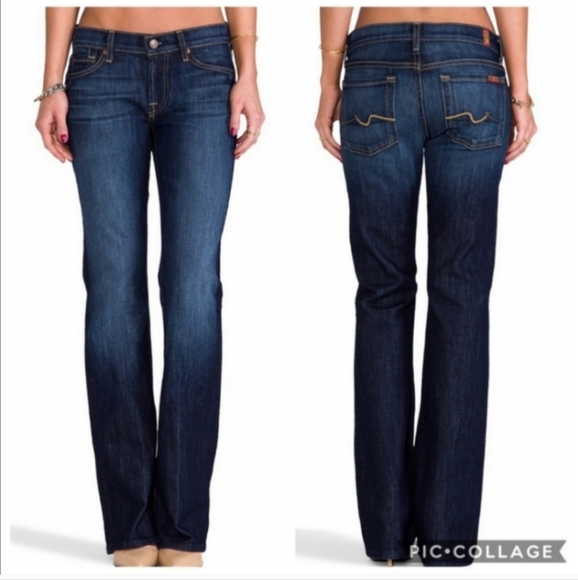 7 For All Mankind Boot Cut Dark Wash Jeans Women's 27 Fading Whiskering Low Rise - Picture 2 of 10